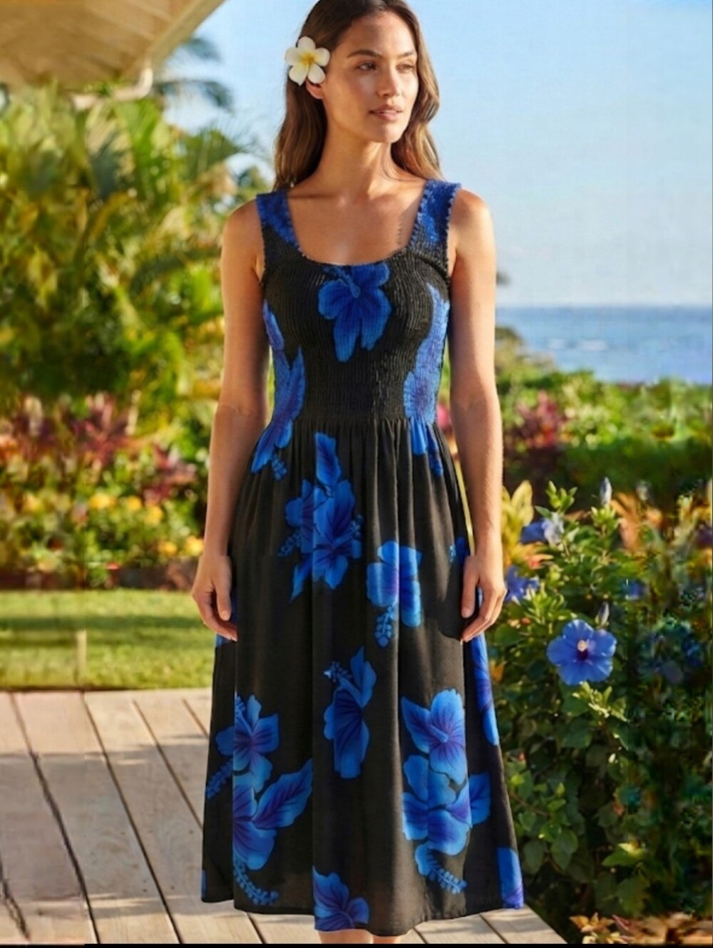 Aloha Hut Hawaii Blue Hibiscus Smocked Sundress Tropical Luau One Size